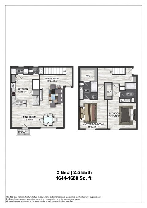 A floor plan for a 2 bedroom, 2.5 bath home.